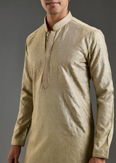 Beige Woven Silk Kurta Set For Men