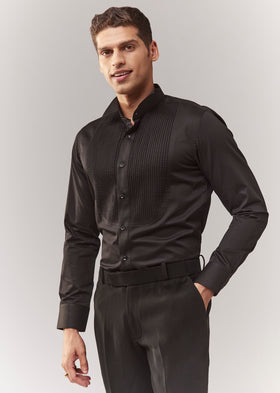 Black Cotton Shirt With Textured Bib Detailing