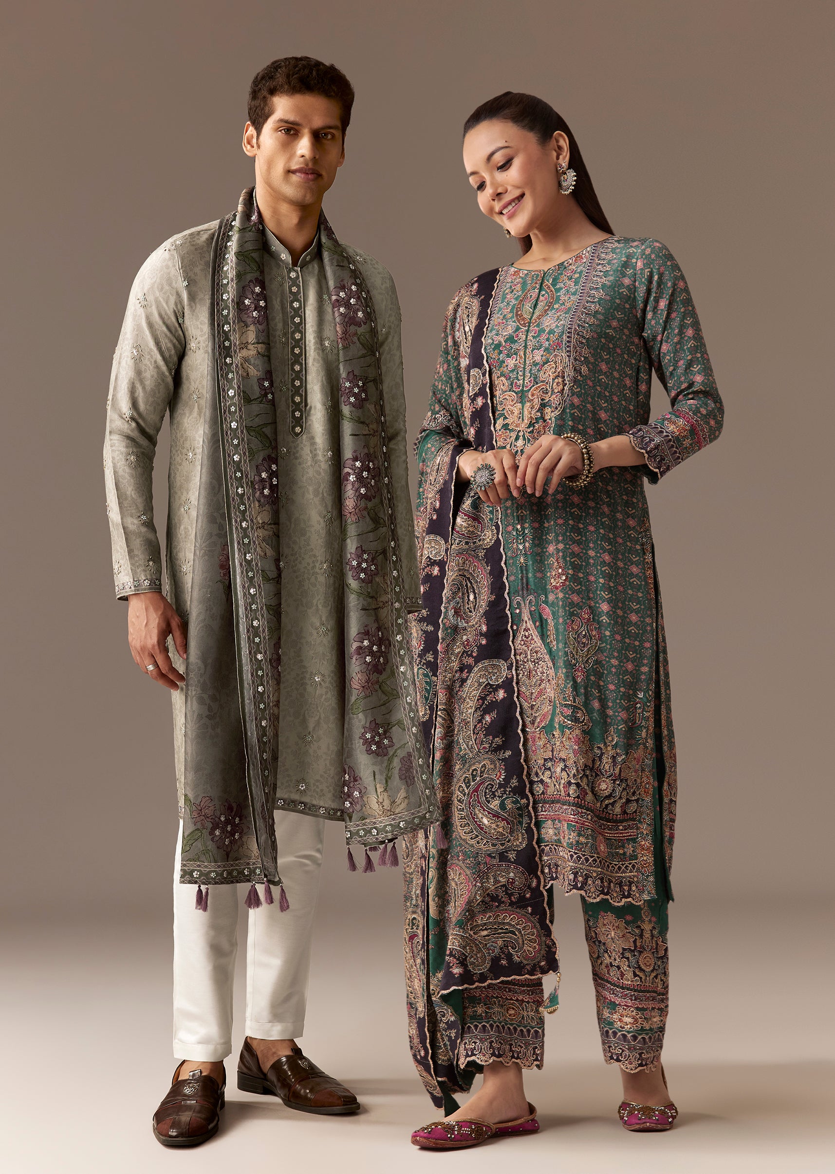 Olive Indie Coordinated Set – Printed Kurta Set With Dupatta For Her And Olive Silk Kurta Set With Dupatta For Him
