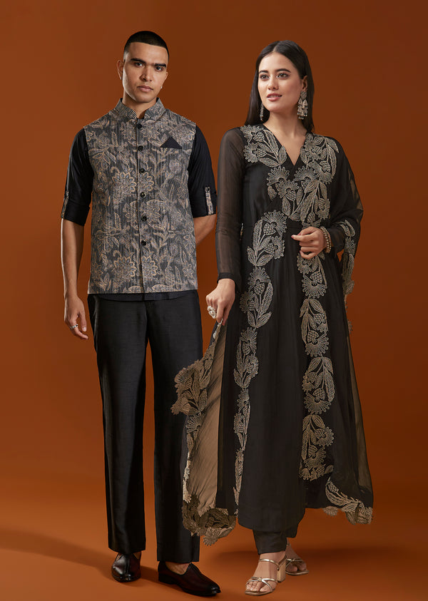 Classic Black Duo – Organza Suit For Her And Jacket Kurta Set For Him