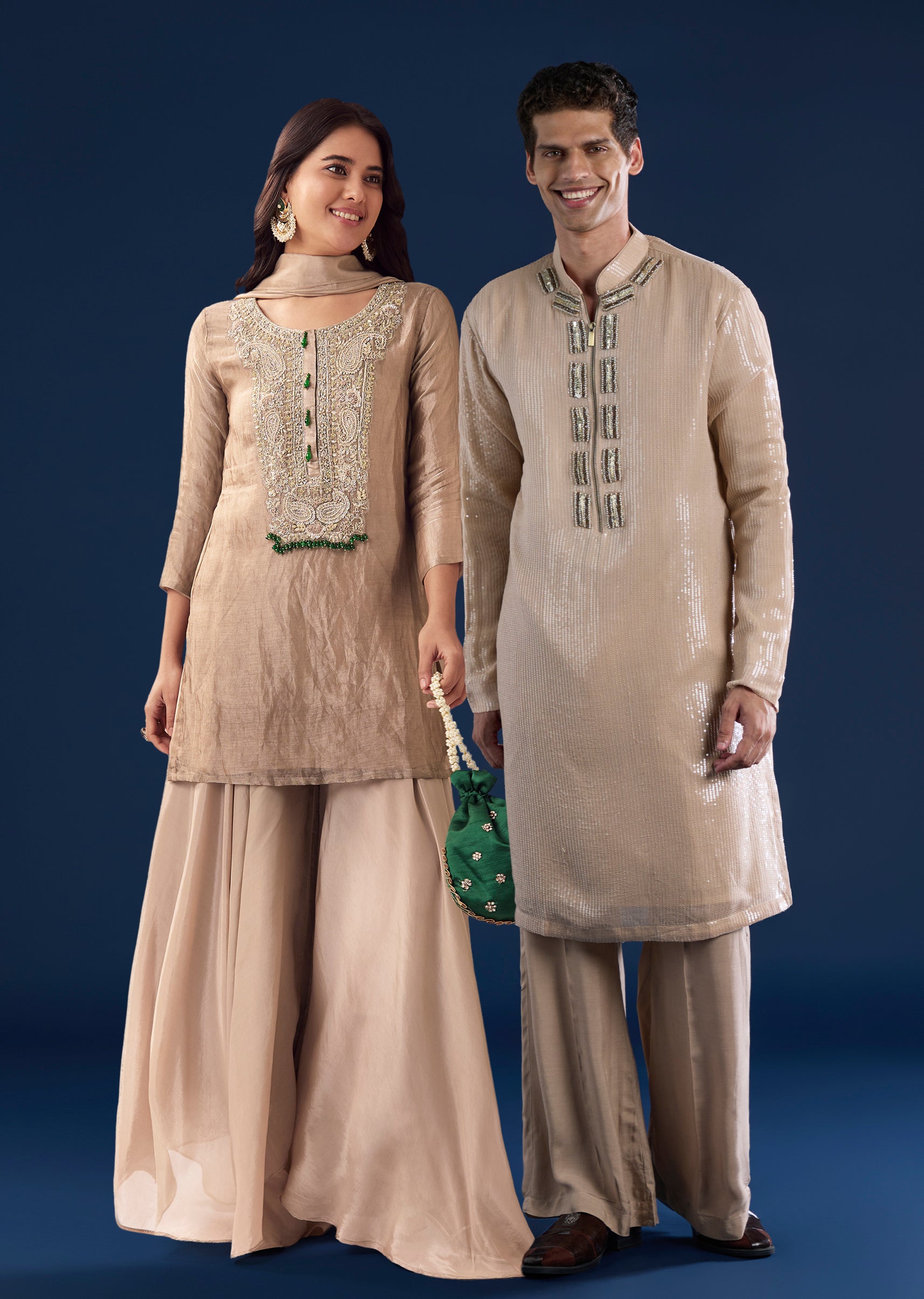 Beige Statement Pairing – Zardozi Sequin Palazzo Suit For Her And Beige Sequin Kurta Pant Set For Him