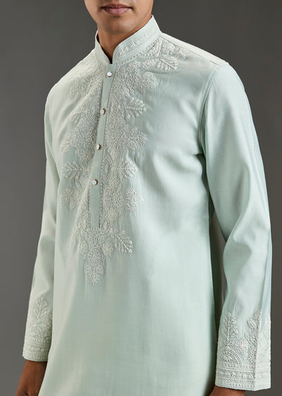 Pista Green Mens Kurta Set With Thread Work