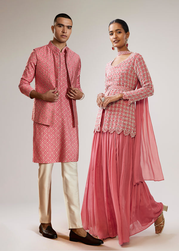 Pastel Statement Duo – Peplum Palazzo Set For Her And Jacket Kurta Set For Him