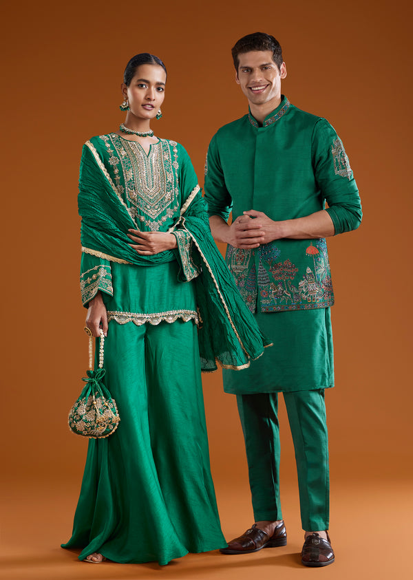 Green Festive Pair – Zardosi Suit For Her And Jacket Kurta Set For Him