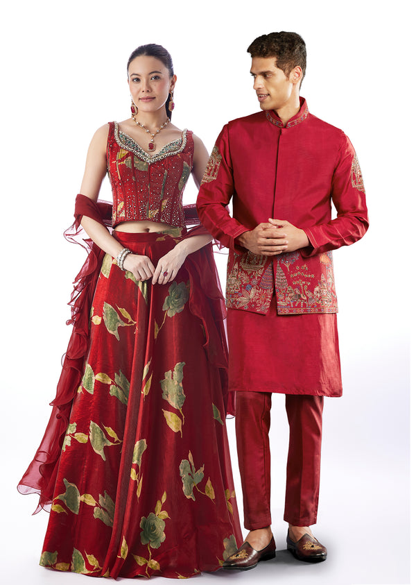 Maroon Statement Duo – Lehenga For Her And Jacket Kurta Set For Him