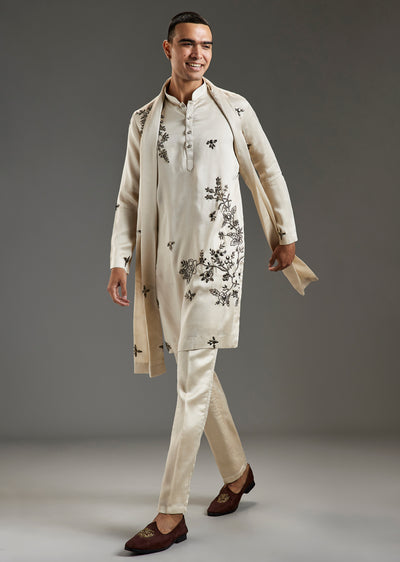 Off White Metal Hand Embroidered Kurta Pant Set