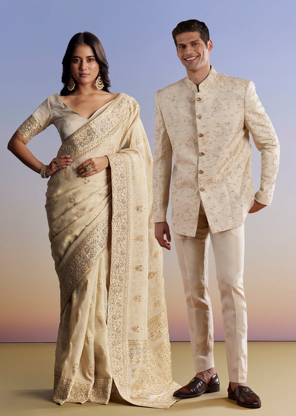 Cream Royal Duo – Jacquard Silk Saree For Her And Embroidered Jodhpuri Set For Him