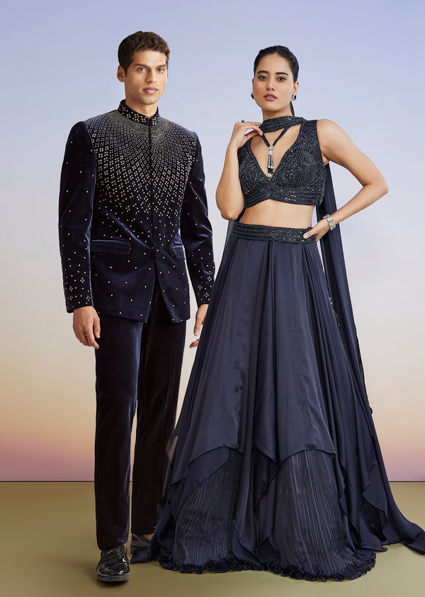 Navy Evening Duo – Fusion Lehenga For Her And Velvet Jodhpuri Suit For Him