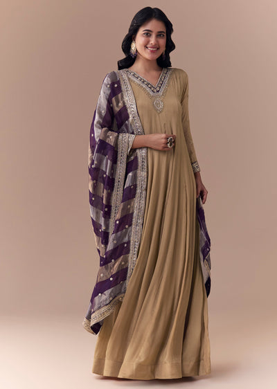 Gold Zardozi Work Anarkali with Dupatta