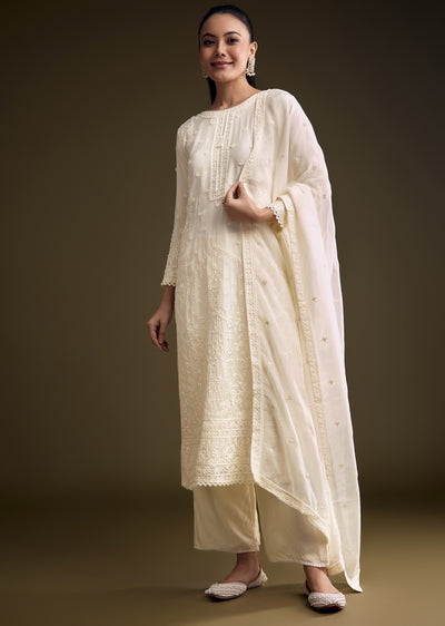 Cream Organza Kurta Set With Resham And Moti Embroidery