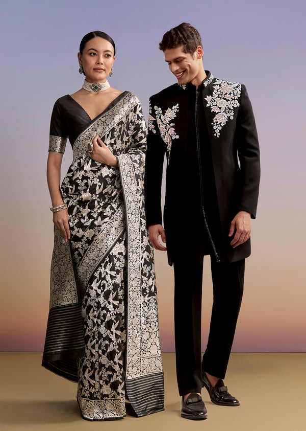 Black Regal Duo – Banarasi Silk Saree For Her And Embroidered Indo Western Set For Him