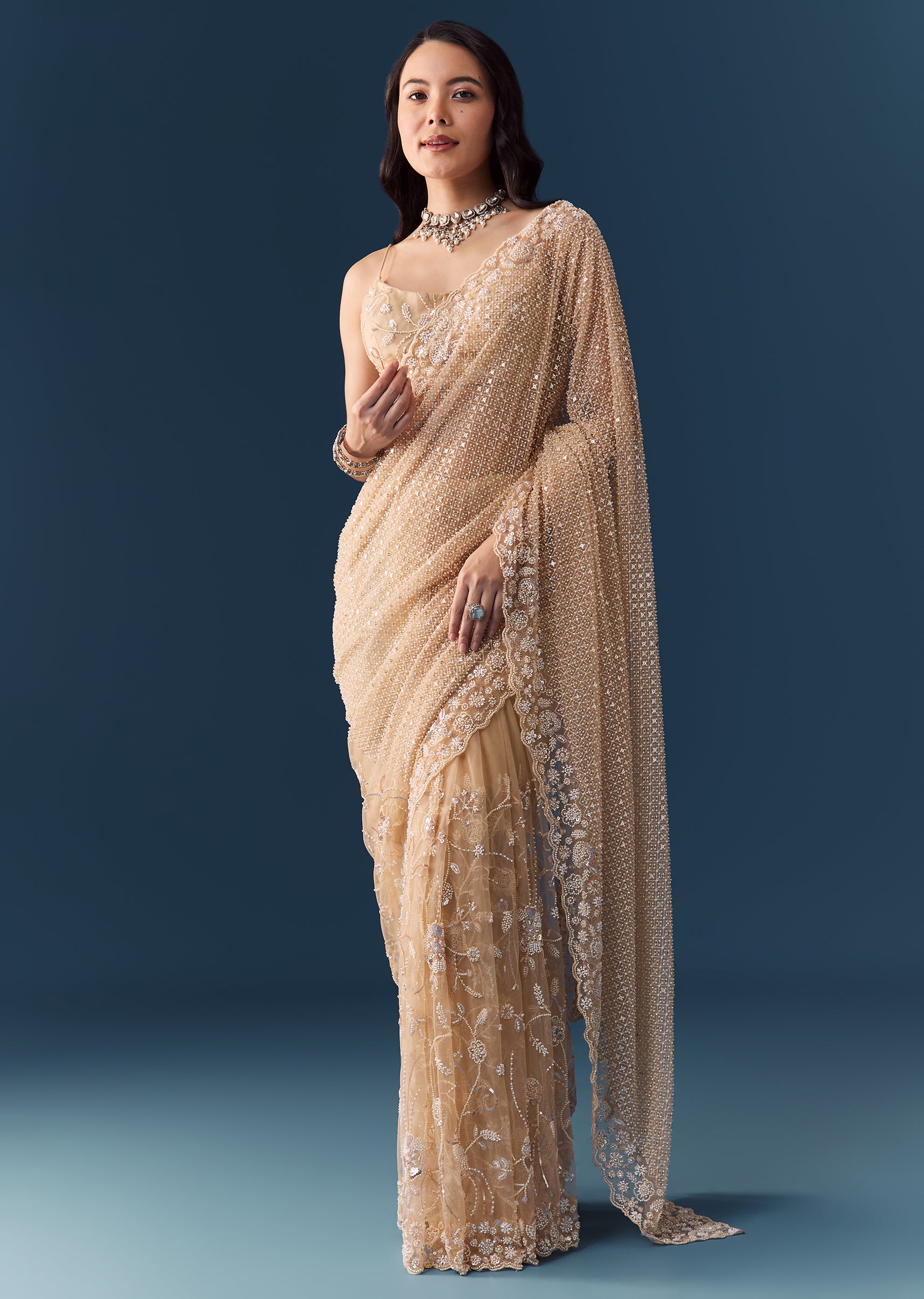 Gold Net Jaal Bead Work Saree with Unstitched Blouse