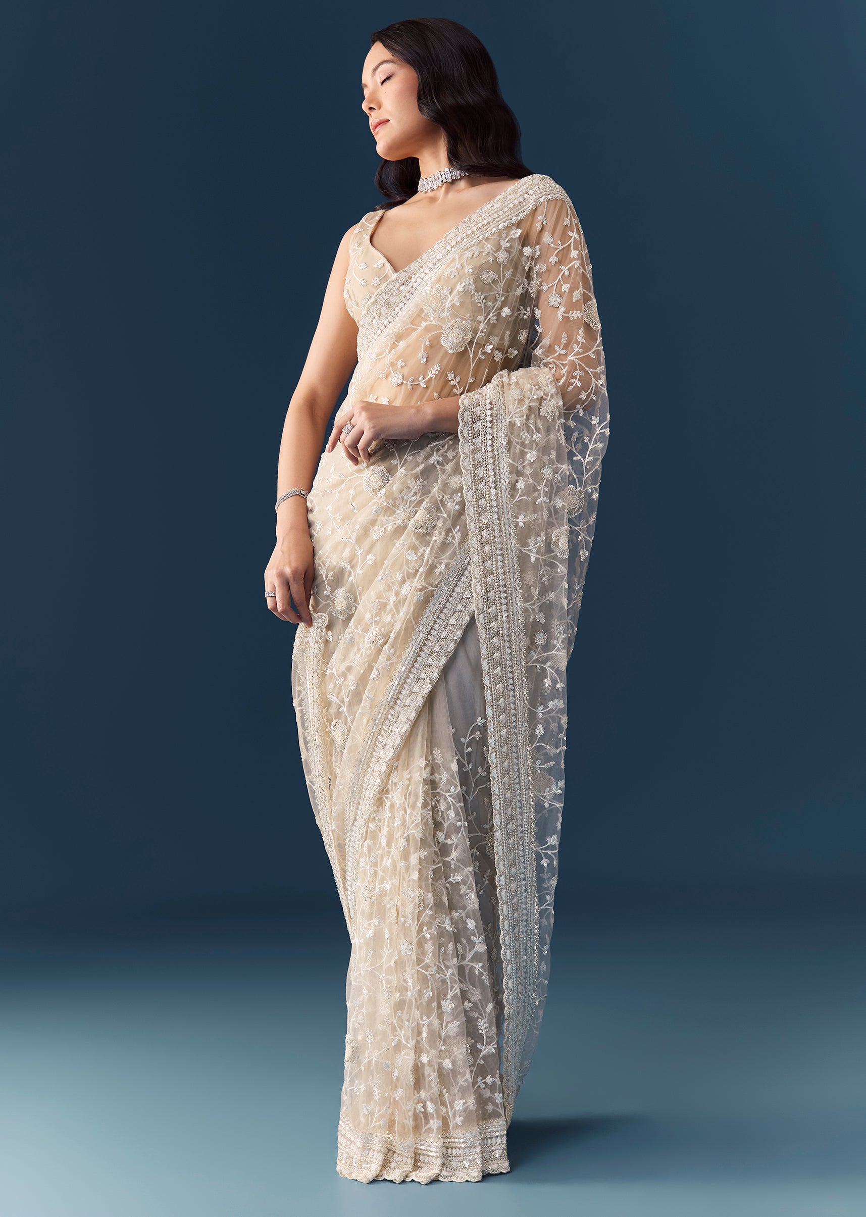 Off White Net Jaal Embellished Saree with Unstitched Blouse