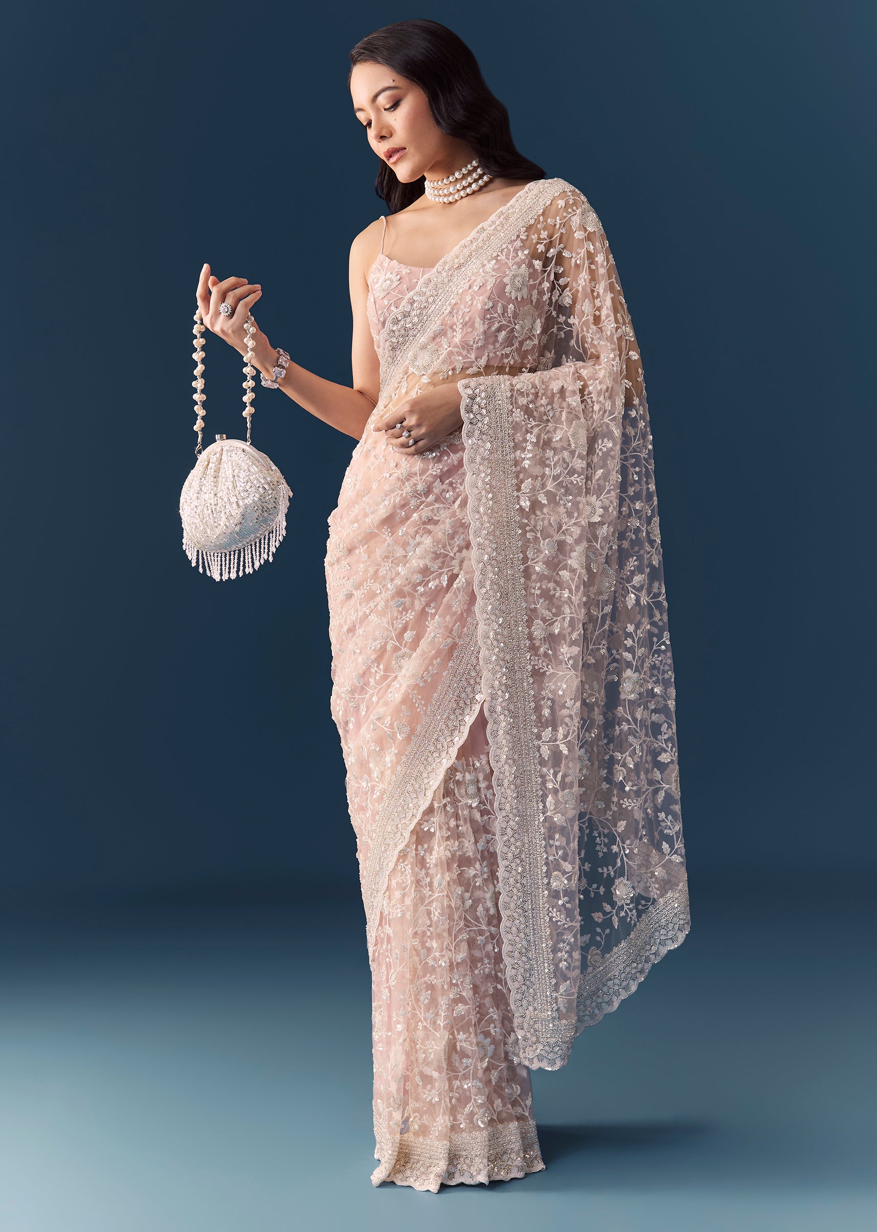 Pink Net Jaal Resham Saree with Unstitched Blouse