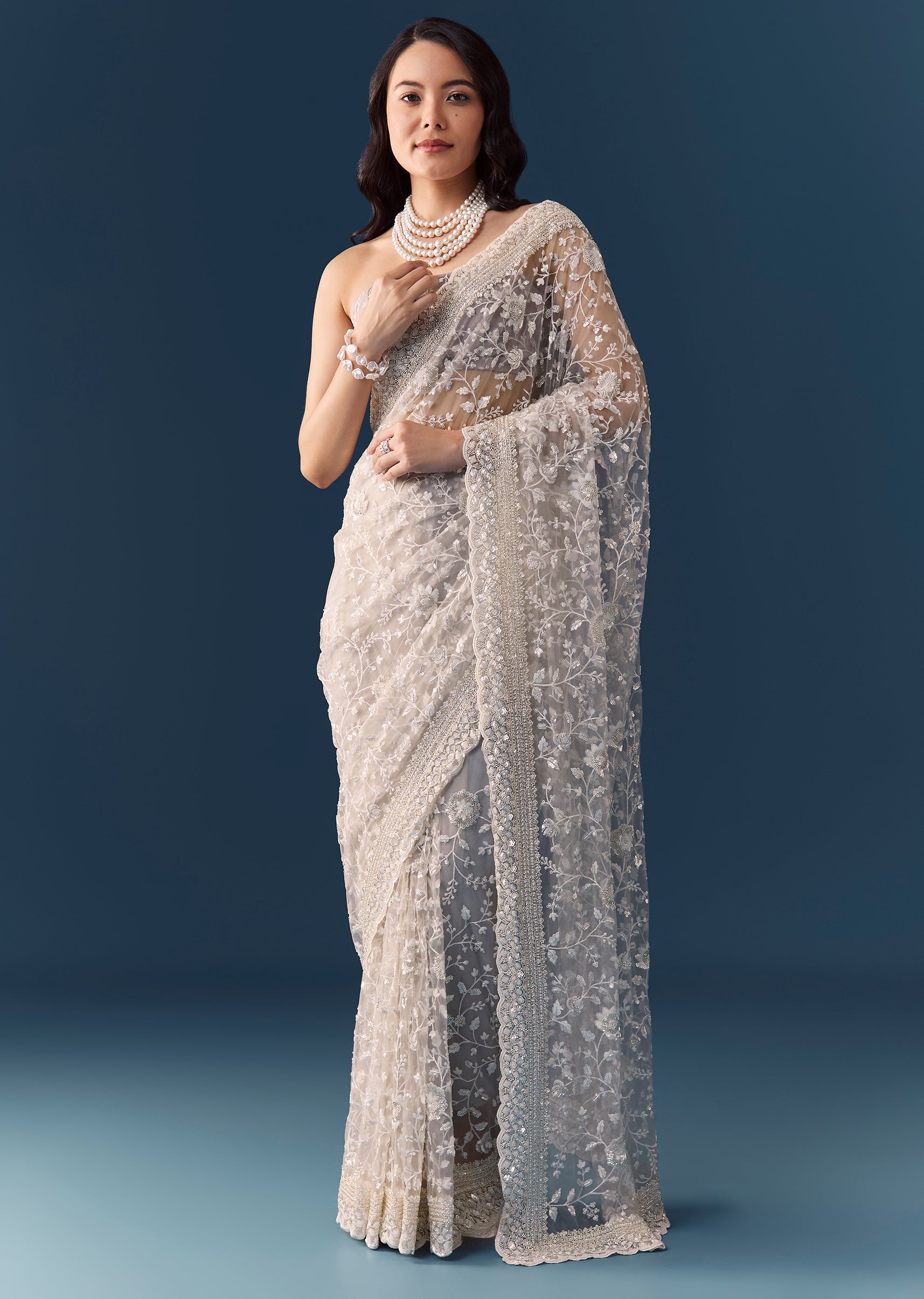 Grey Floral Jaal Embellished Saree with Unstitched Blouse