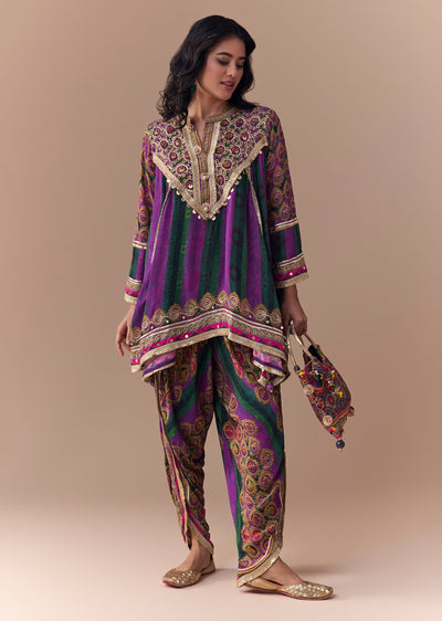 Purple Indie Print Dhoti Set with Handbag