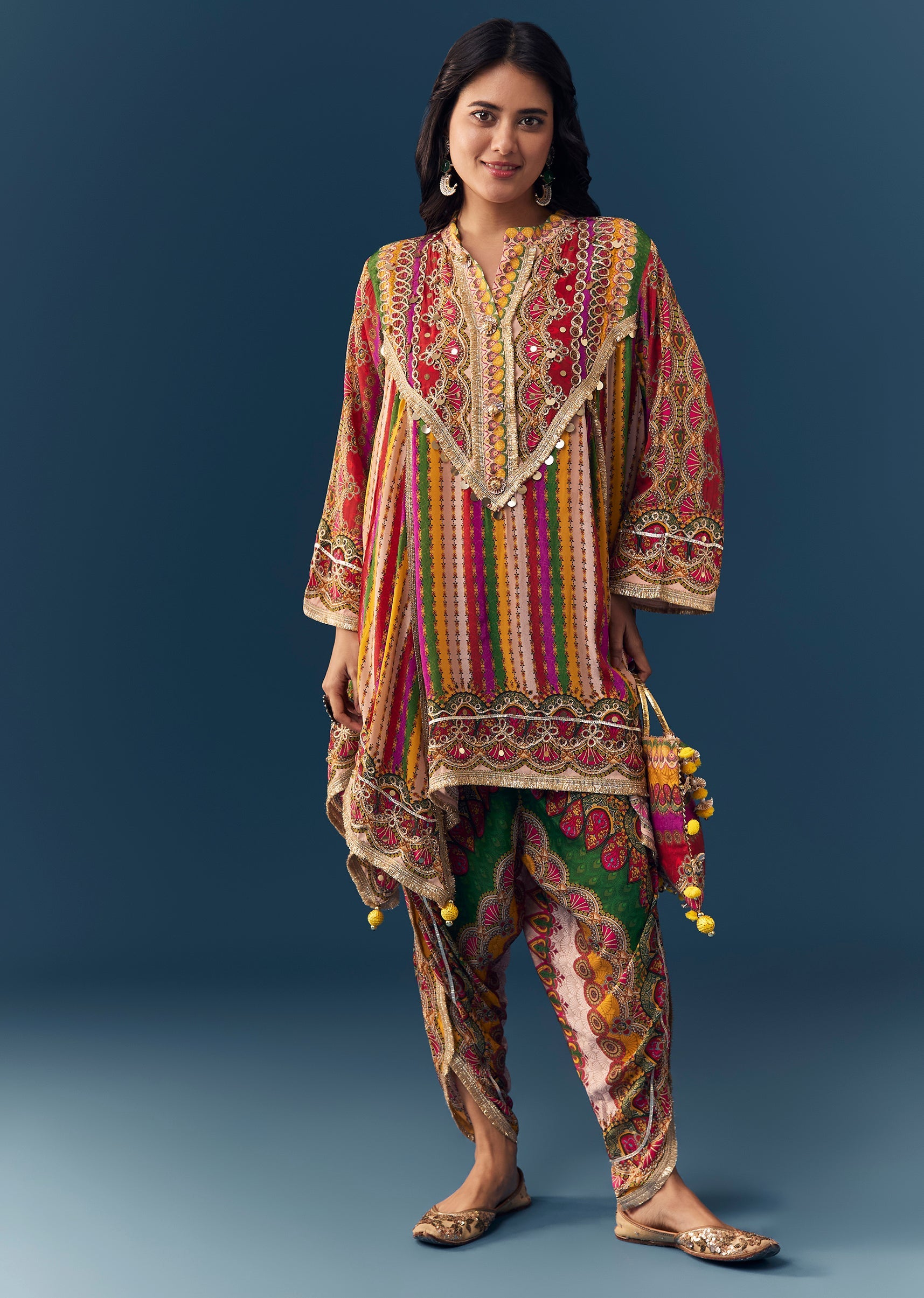 Multi Indie Print Kurti Dhoti Set with Handbag