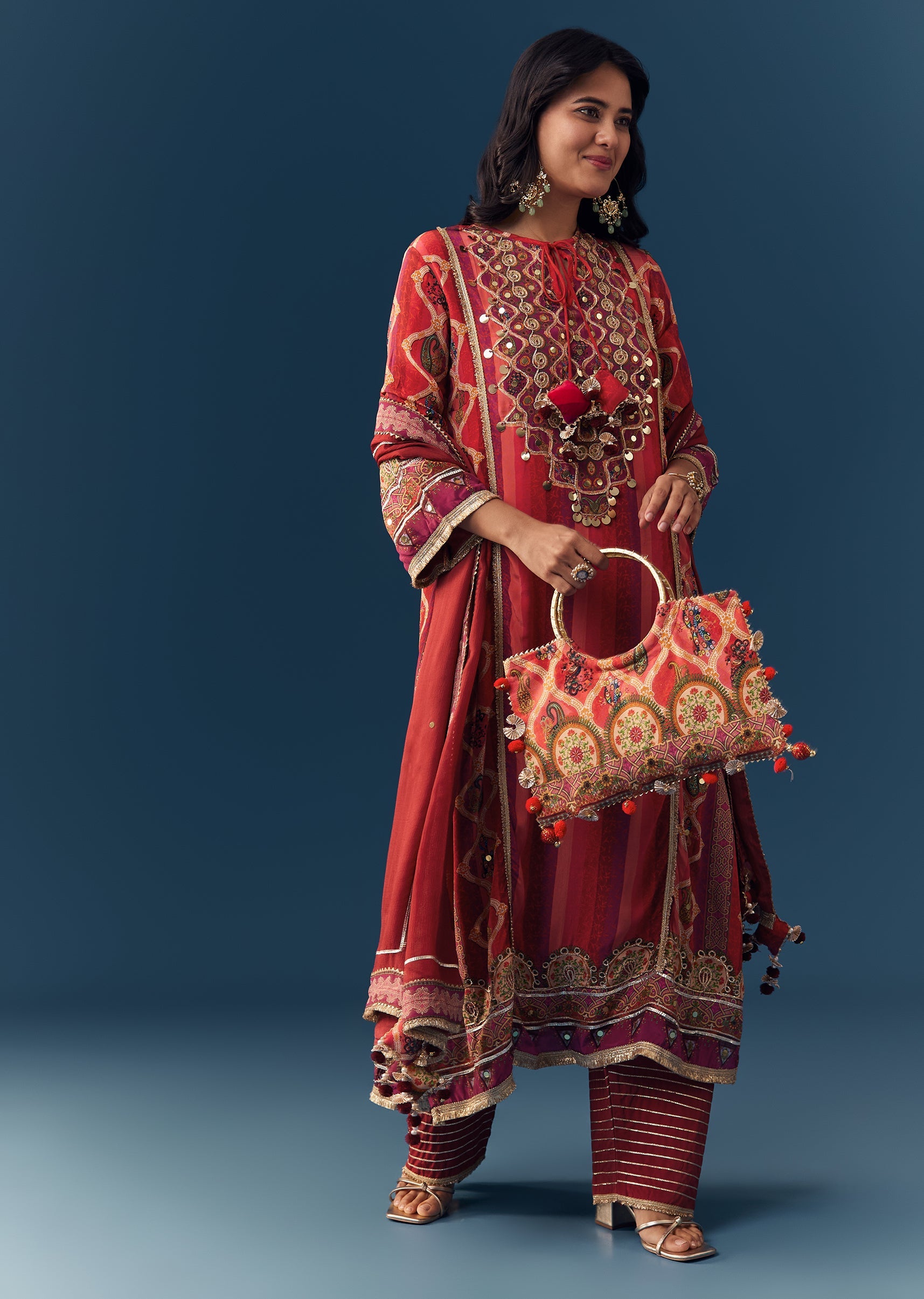 Orange Gota Lace Work Kurta Set with Handbag