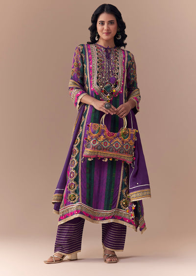 Purple Indie Print Crepe Kurta Set with Handbag