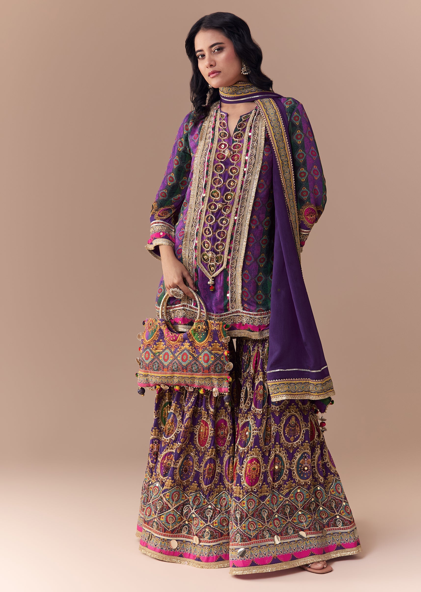 Purple Indie Print Kurta Sharara Set with Handbag