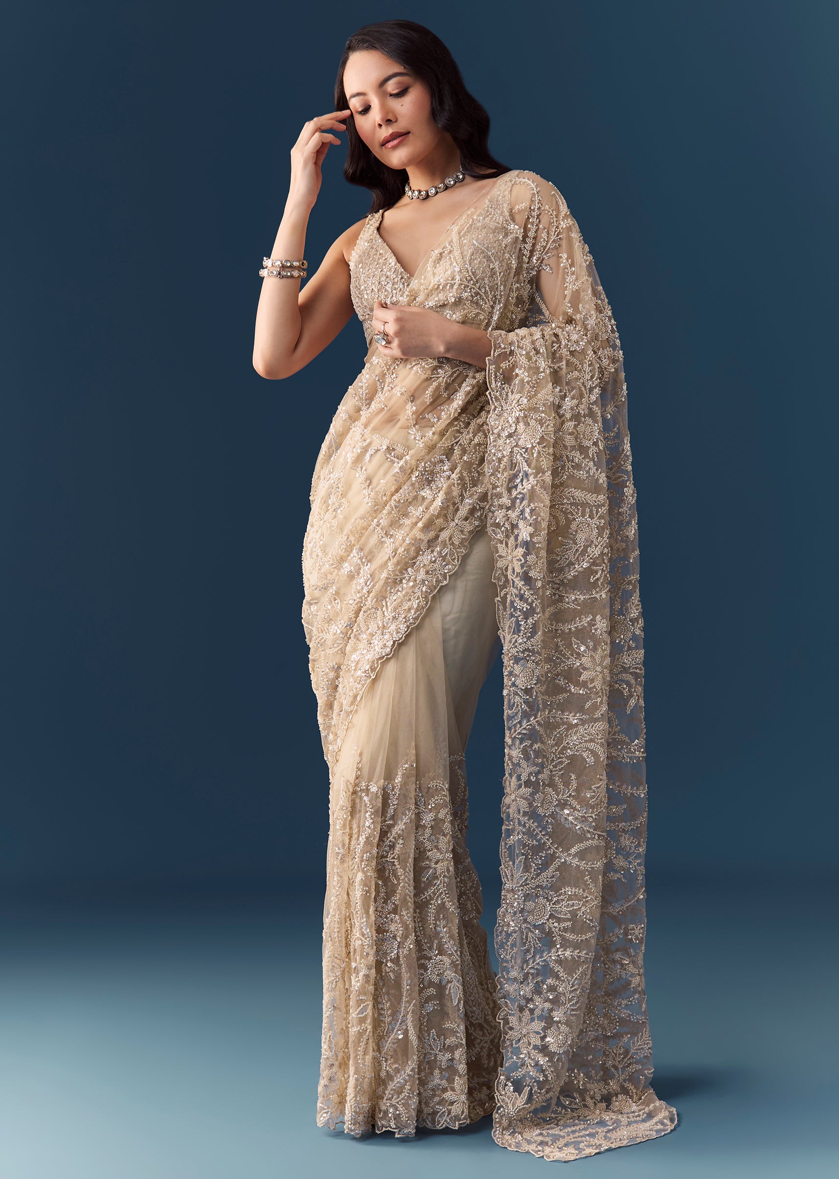 Beige Net Floral Jaal Bead Work Saree with Unstitched Blouse