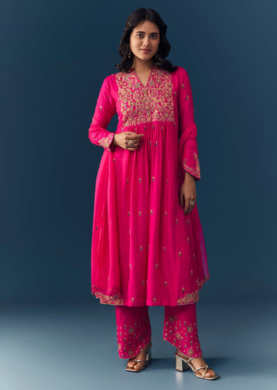 Pink Silk Zari Embroidered Anarkali Set