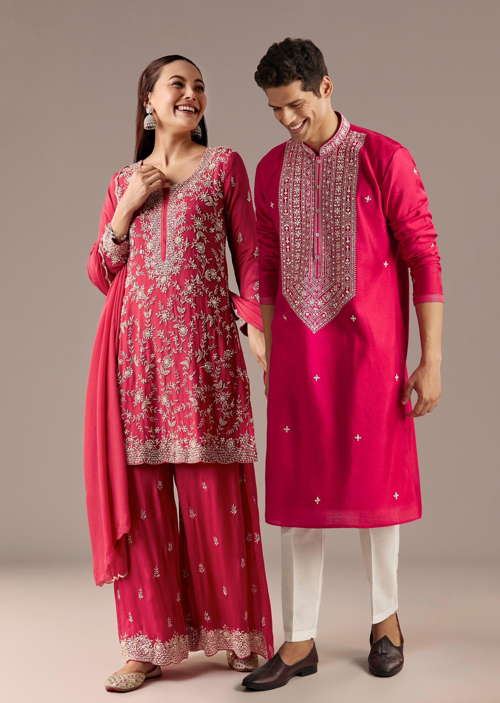 Pink Festive Coordination – Pakistani Style Palazzo Suit For Her And Pink Silk Mirror Work Kurta Set For Him