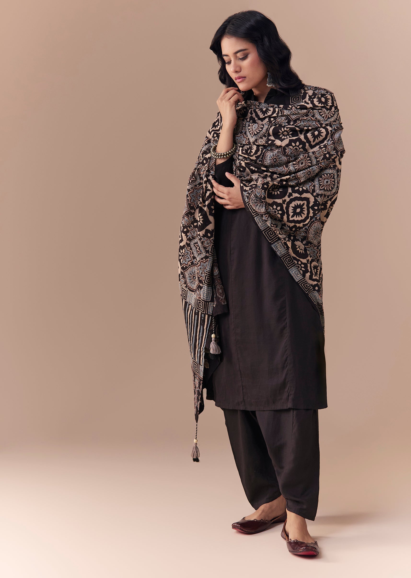 Black Linen Kurta Set with Ajrakh Dupatta