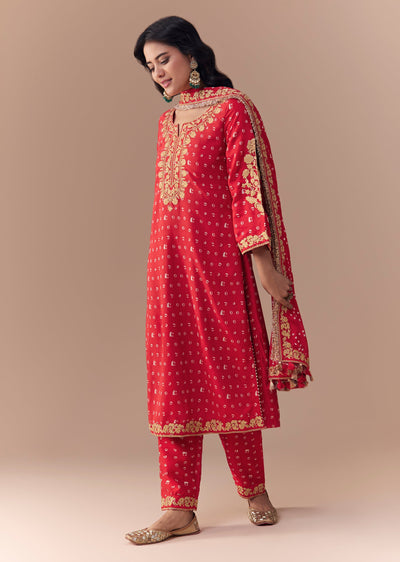 Red Silk Bandhani Print Kurta Set