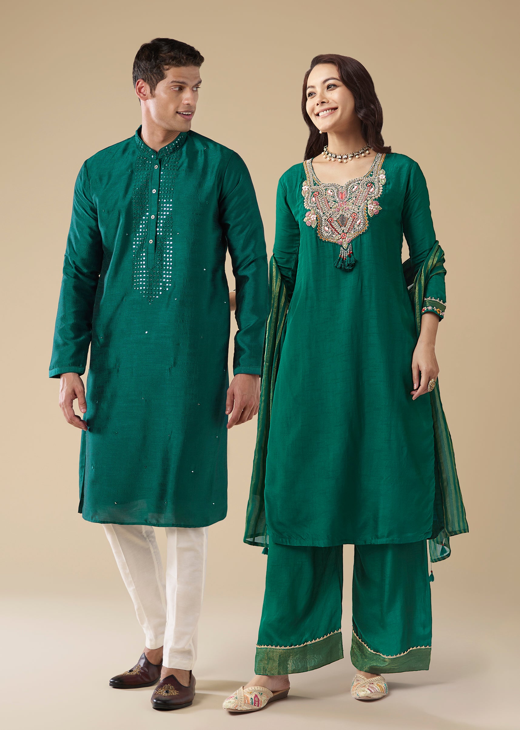 Emerald Heritage Match – Zardosi Threadwork Kurta Palazzo Set For Her And Green Embellished Kurta Set For Him