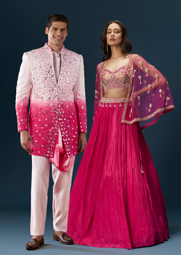 Pink Festive Duo – Bridesmaid Lehenga With Cape For Her And Silk Indo Western Jacket Set For Him
