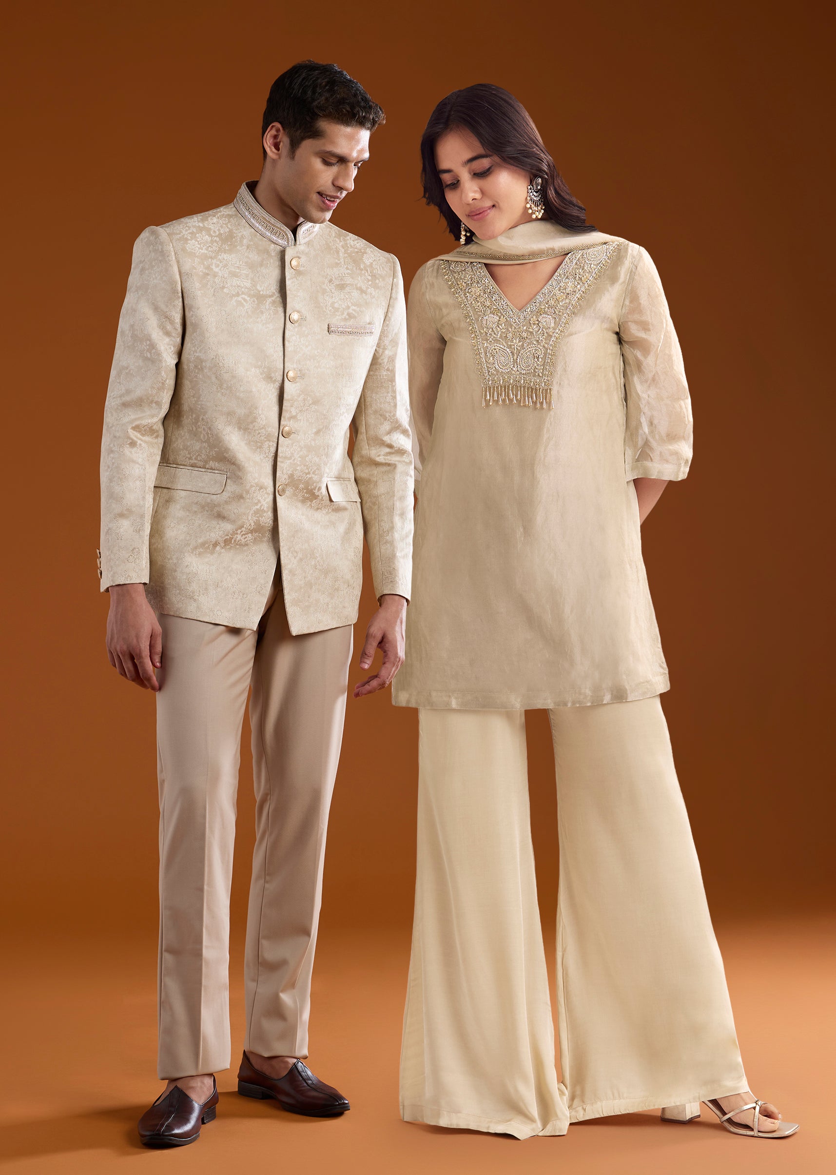 Ivory Beige Regal Combination – Sequin Palazzo Suit For Her And Off-White Threadwork Jodhpuri Set For Him