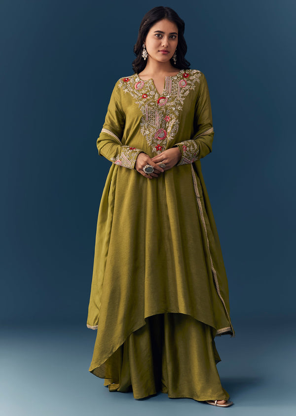 Green Silk Zardozi Work Kurta Palazzo Set
