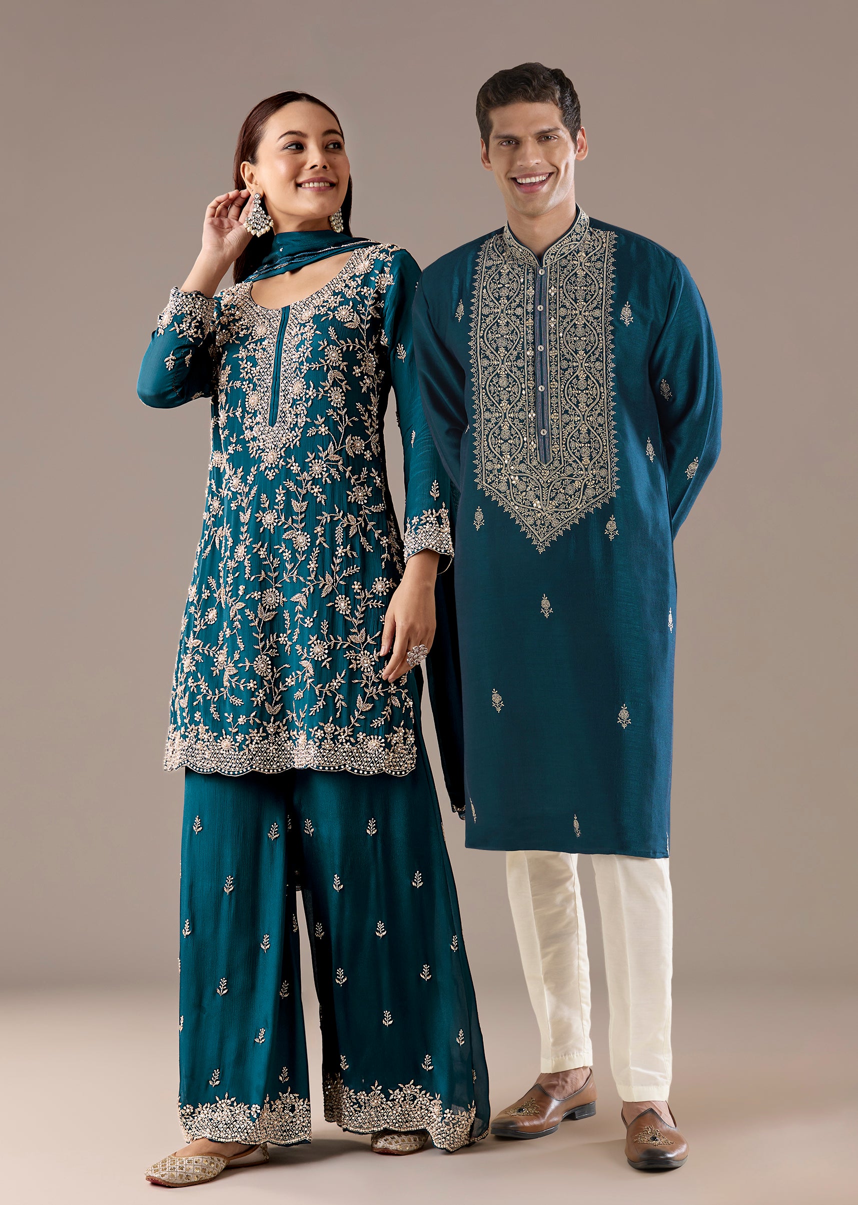 Teal Blue Twinning Statement – Pakistani Style Palazzo Suit For Her And Teal Mirror Detail Kurta Set For Him