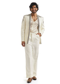 Ivory Tuxedo Set With Metallic Embroidered Blazer