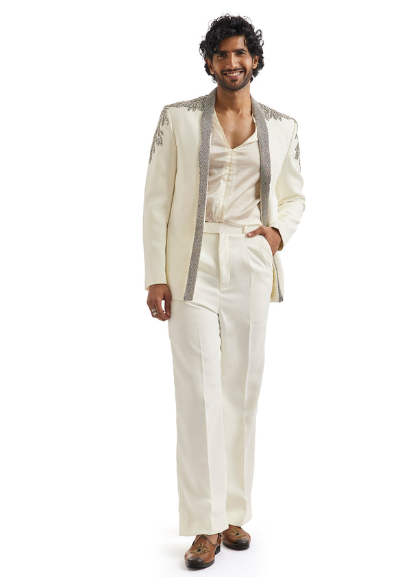 Ivory Tuxedo Set With Metallic Embroidered Blazer