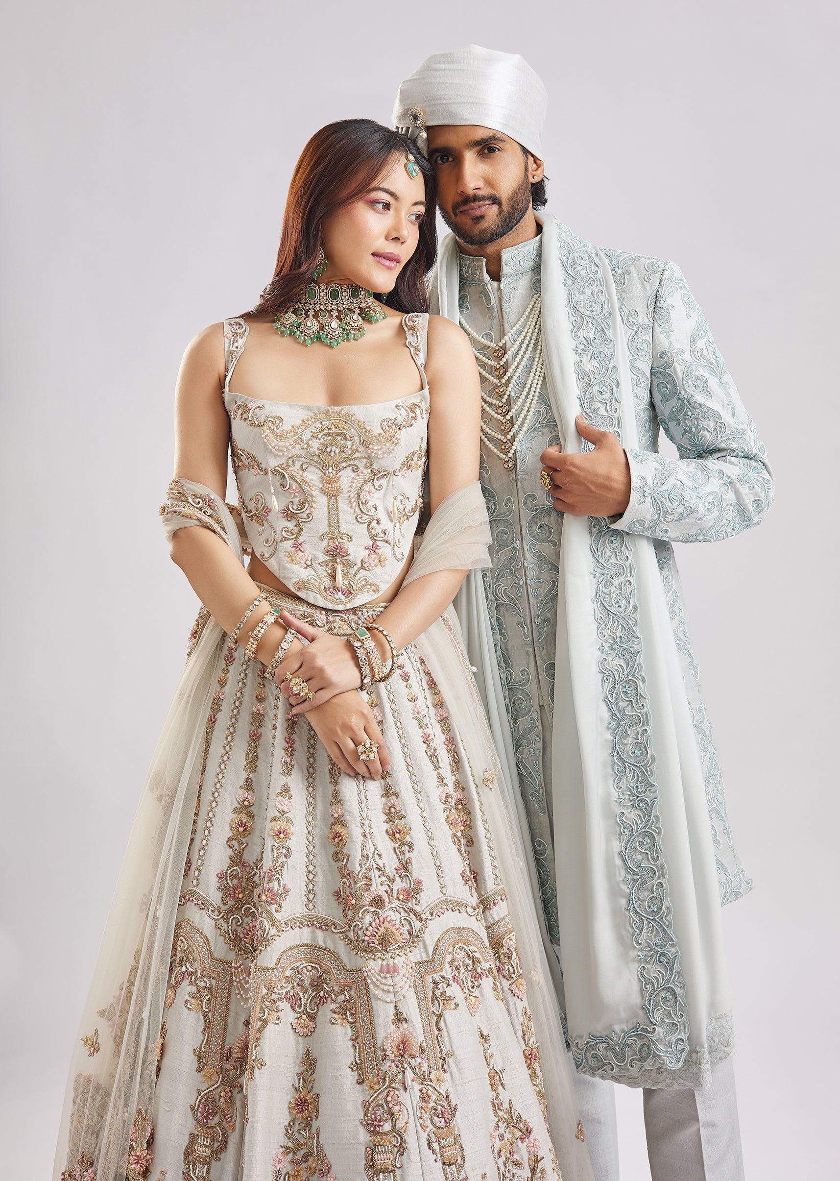 Ivory & Powder Blue Duo — Bridal Lehenga For Her And Sherwani For Him