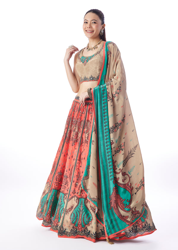 Peach Paisley Printed Bridesmaid Lehenga With Dupatta