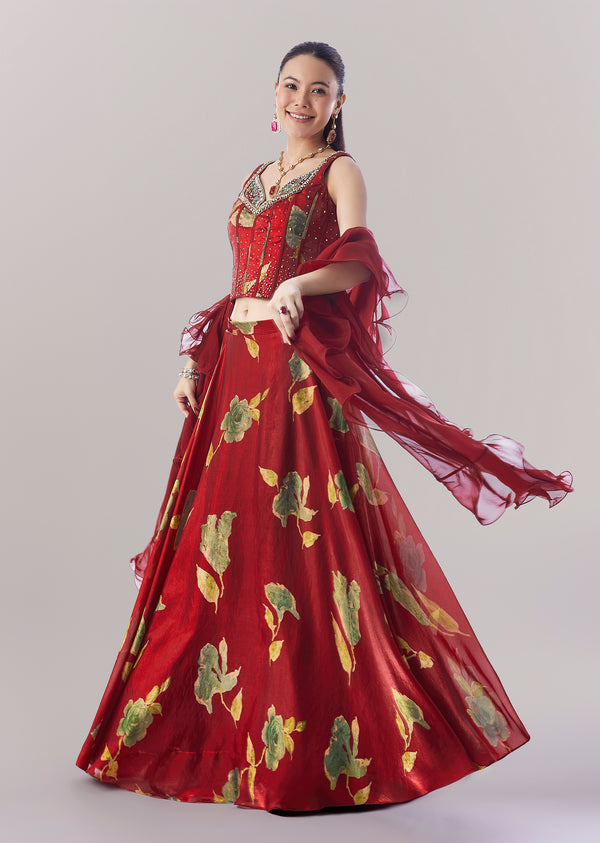 Maroon Abstract Printed Mirror Lehenga And Stone Corset