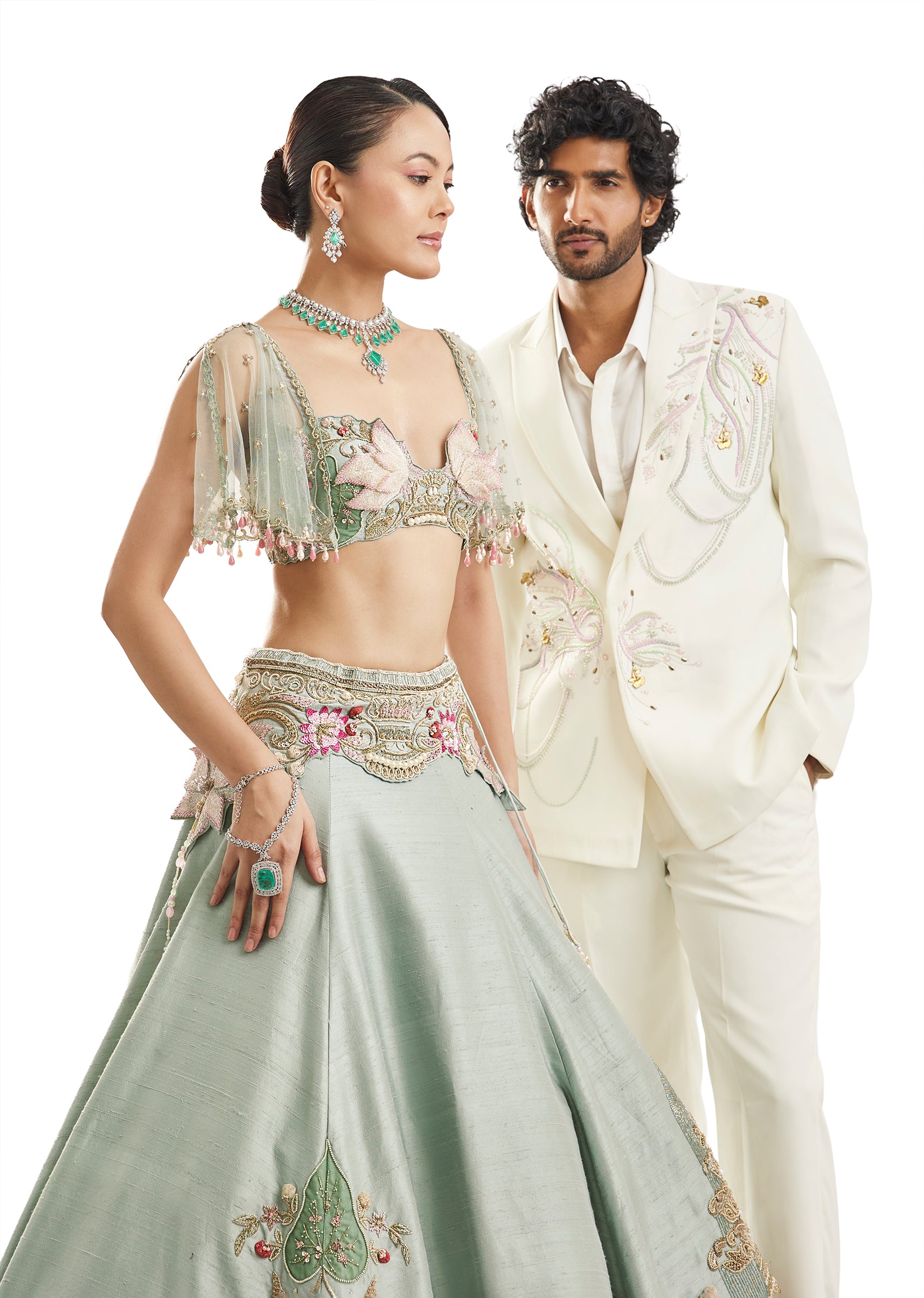 Sea Green & Classic White Duo — Lehenga For Her And Blazer Set For Him