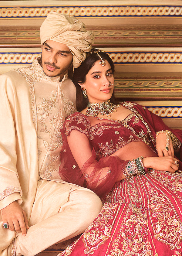 Janhvi Kapoor And Ishaan Khatter In Our Maroon Bridal Lehenga And Gold Sherwani