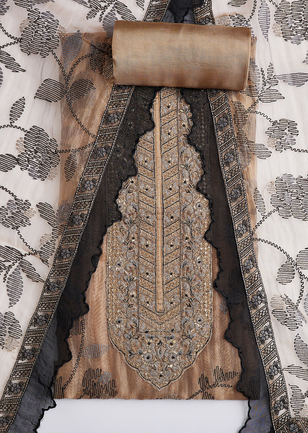 Brown Cotton Resham Thread Embroidered Dress Material Set