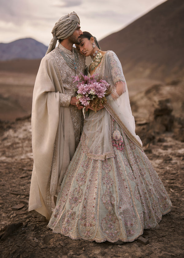 Sage Zardosi Lehenga For Her & Grey Hand-Embroidered Sherwani For Him