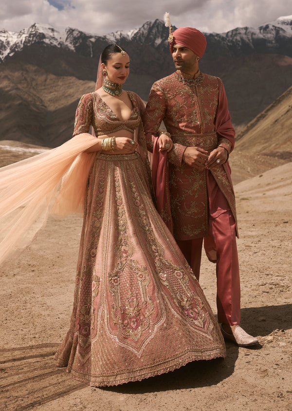 Peach Crystal Studded Bridal Lehenga For Her & Crimson Zardosi Sherwani For Him