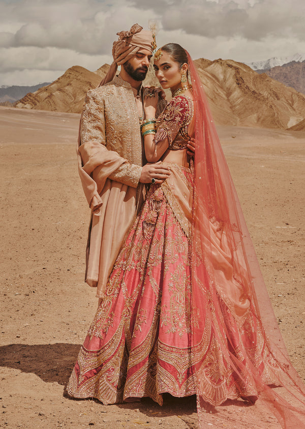 Maroon Embroidered Lehenga For Her & Champagne Hand-Embroidered Sherwani For Him