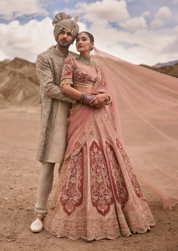 Peach Zardosi Lehenga For Her & Open Sherwani Jacket For Him