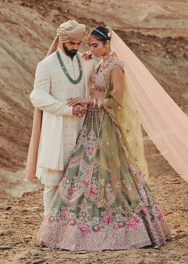 Regal Bloom - Zardosi & Pearl Bridal Lehenga For Her And Hand-Embroidered Sherwani For Him