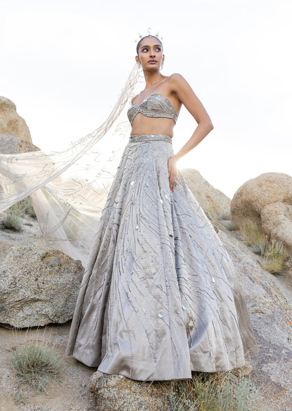 Silver Bridal Lehenga With Mirror Work Embroidery
