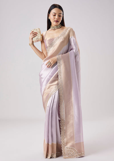 Silver Contrast Border Embroidered Saree With Unstitched Blouse