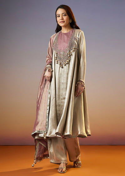 Silver Embroidered Tissue Anarkali Set With Dupatta